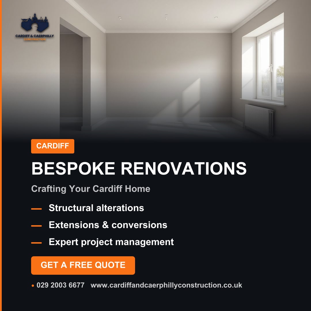 An empty, light grey renovated room with a white window and a radiator, promoting building and renovation services.