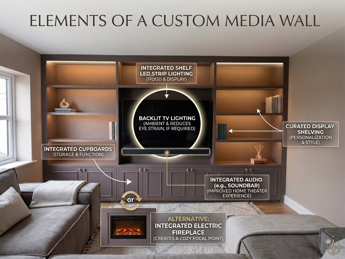 Diagram of a custom media wall with integrated shelves, cupboards, LED lighting, TV area, soundbar, and optional electric fireplace.