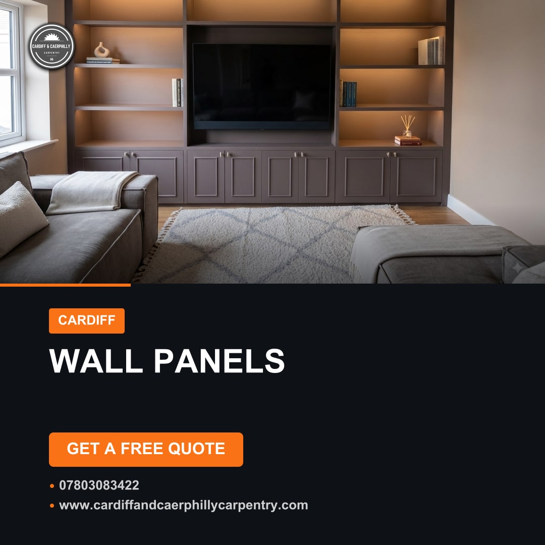 Custom built-in media unit with shelving and storage, integrated lighting, television, and decorative items in a modern living room.