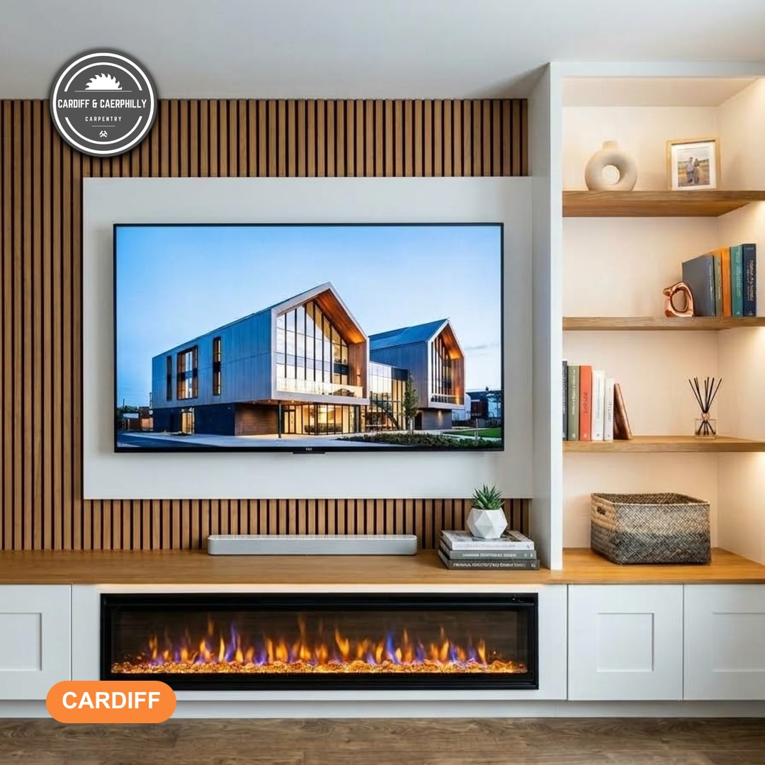 Modern living room with custom-built white cabinetry, wooden slat panelling, an integrated TV, electric fireplace, and lighted display shelves.