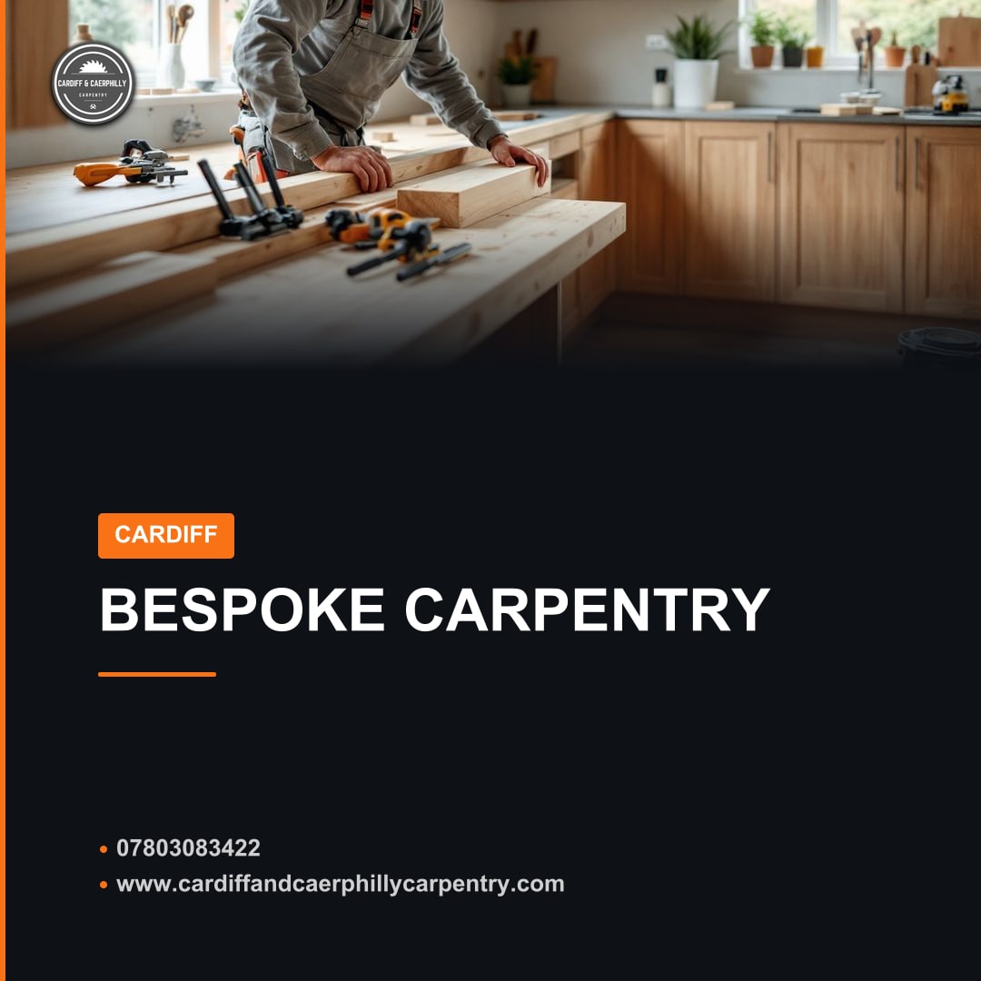 Carpenter working on bespoke wooden joinery for kitchen cabinets, with tools on a tidy workbench.