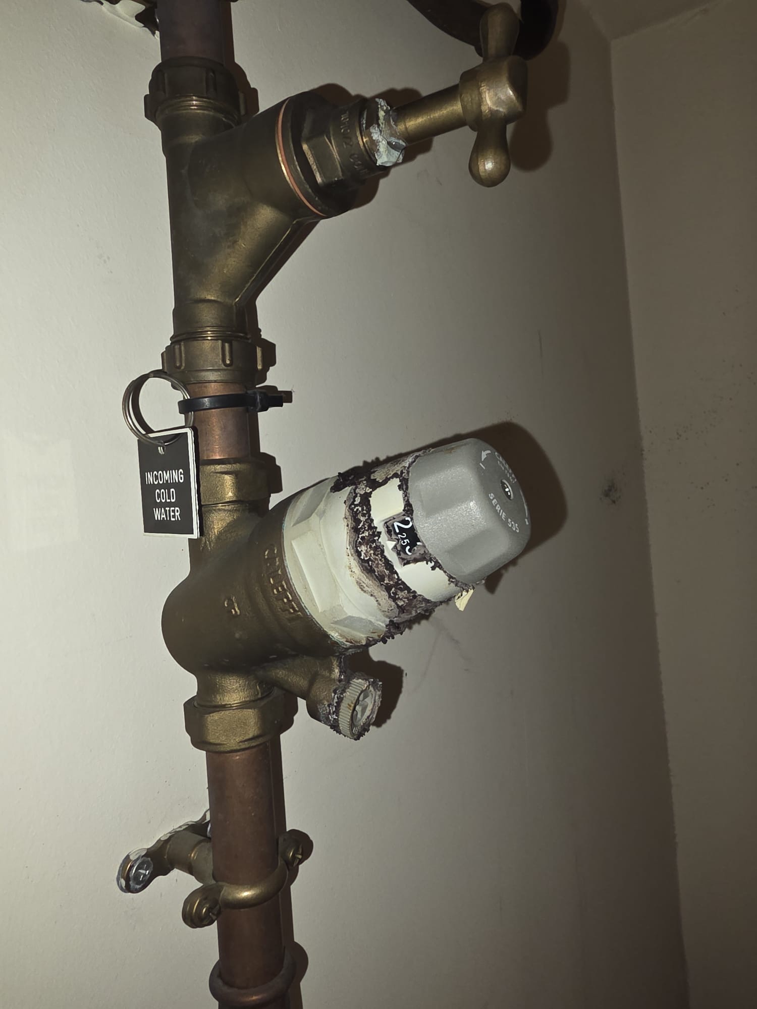 Close-up of residential plumbing: copper and brass pipes, an 'INCOMING COLD WATER' labelled valve, and a water meter.