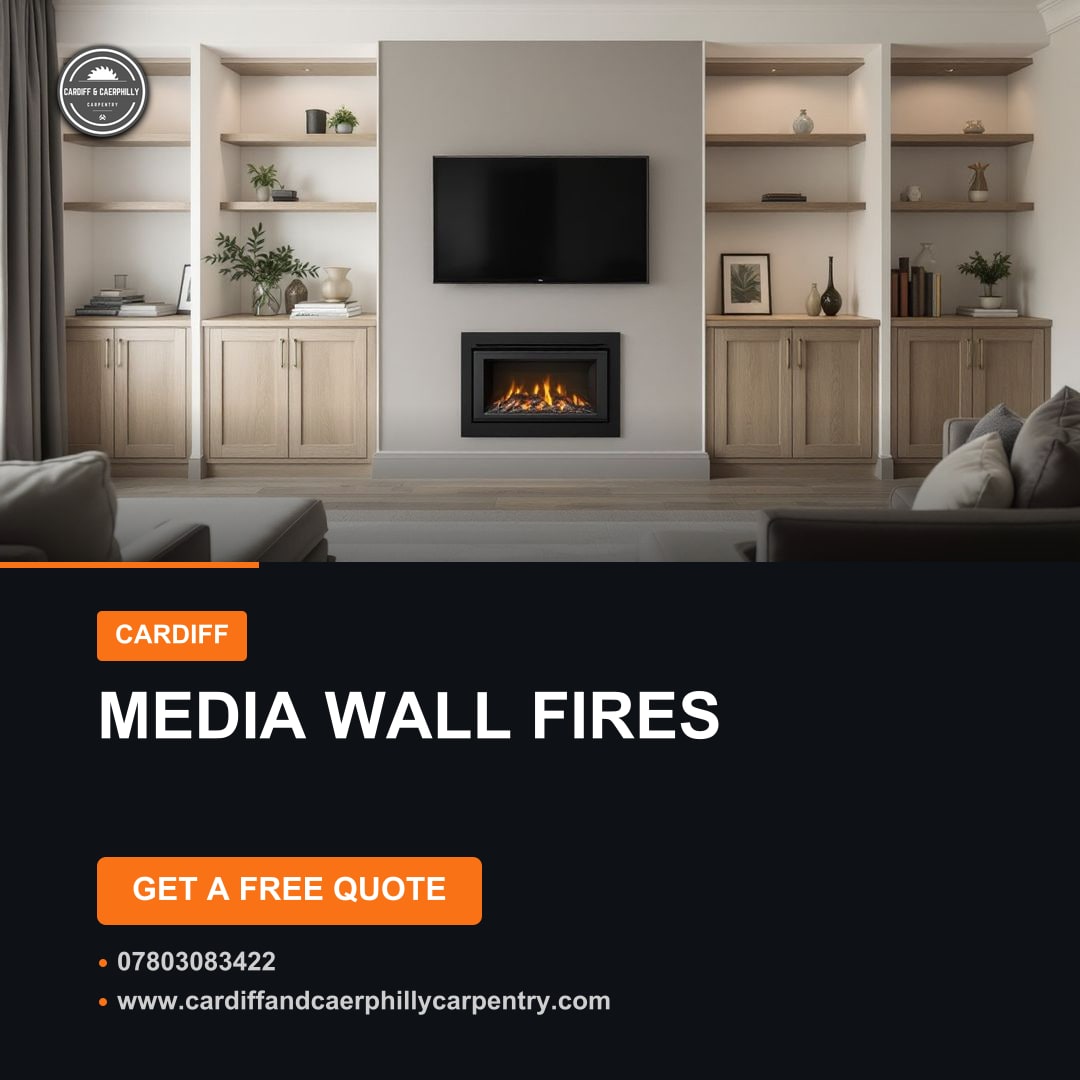 Modern living room with a custom-built media wall featuring a TV, electric fireplace, and integrated wooden shelves and cabinets.