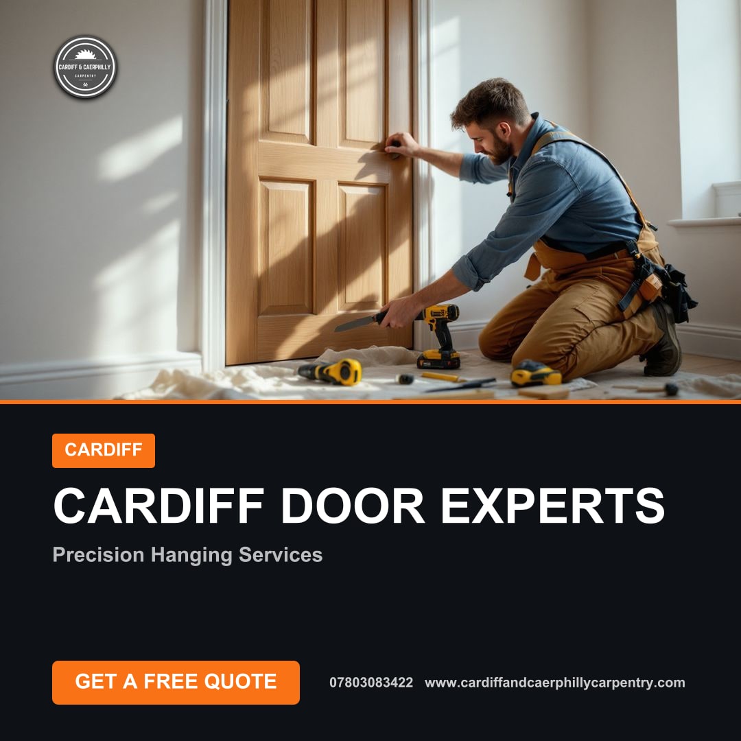 Man kneeling on a dust sheet installing a new wooden paneled interior door with a drill.