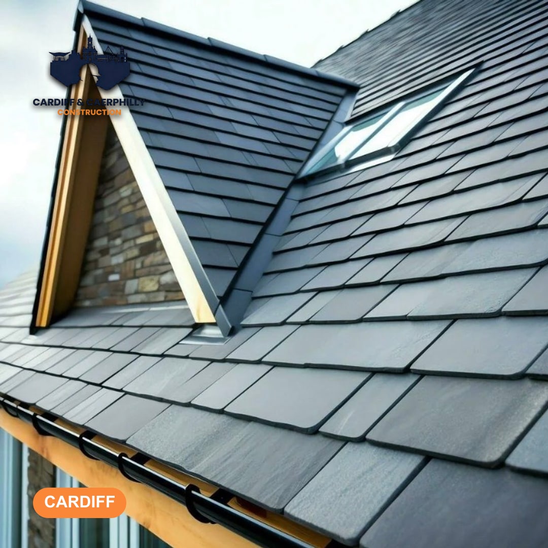 Modern dark grey tiled roof with an integrated skylight, a dormer window featuring stone cladding, and black guttering.