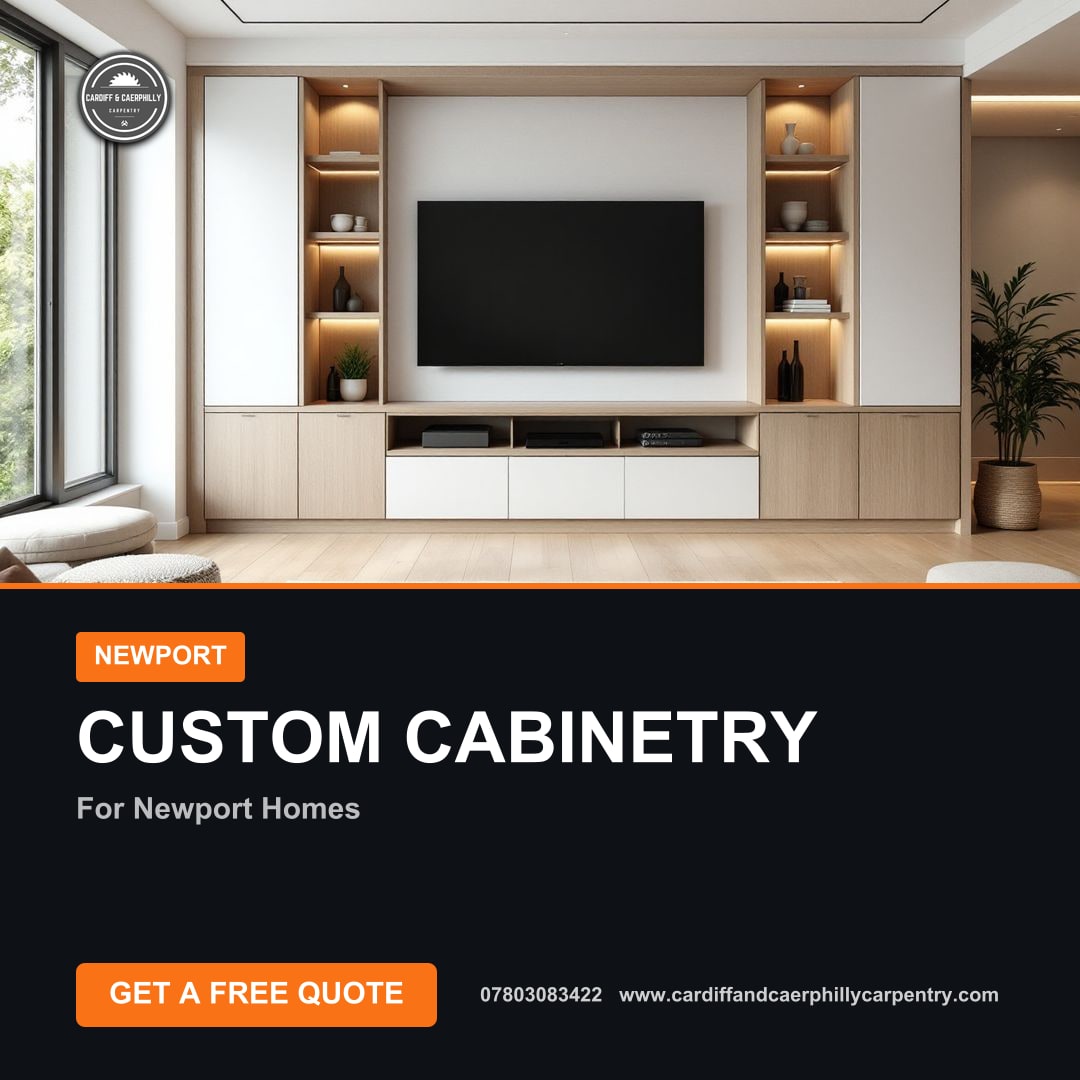 Modern living room with custom light wood and white built-in cabinetry, featuring an integrated TV unit and display shelves.