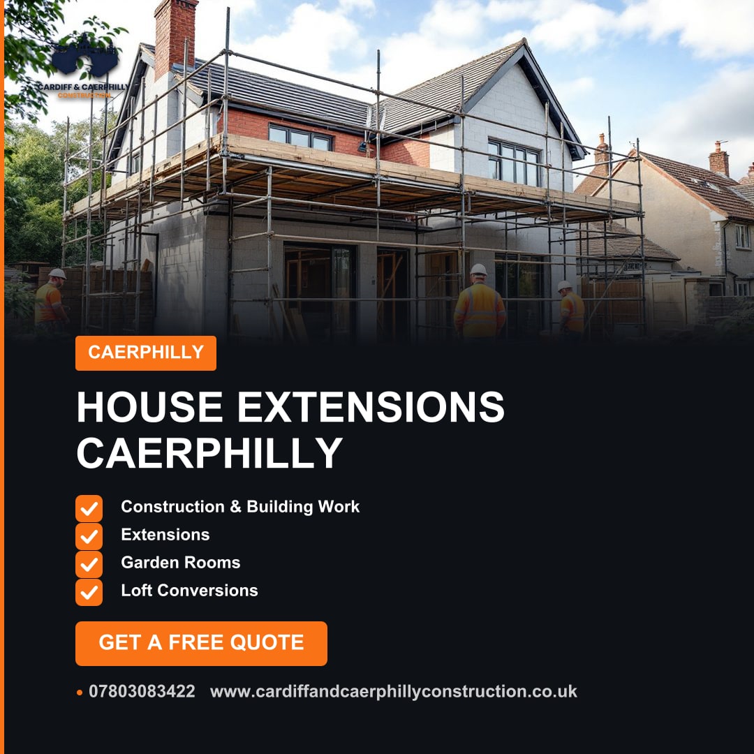 A house extension under construction with scaffolding and two building workers on site under a blue sky.