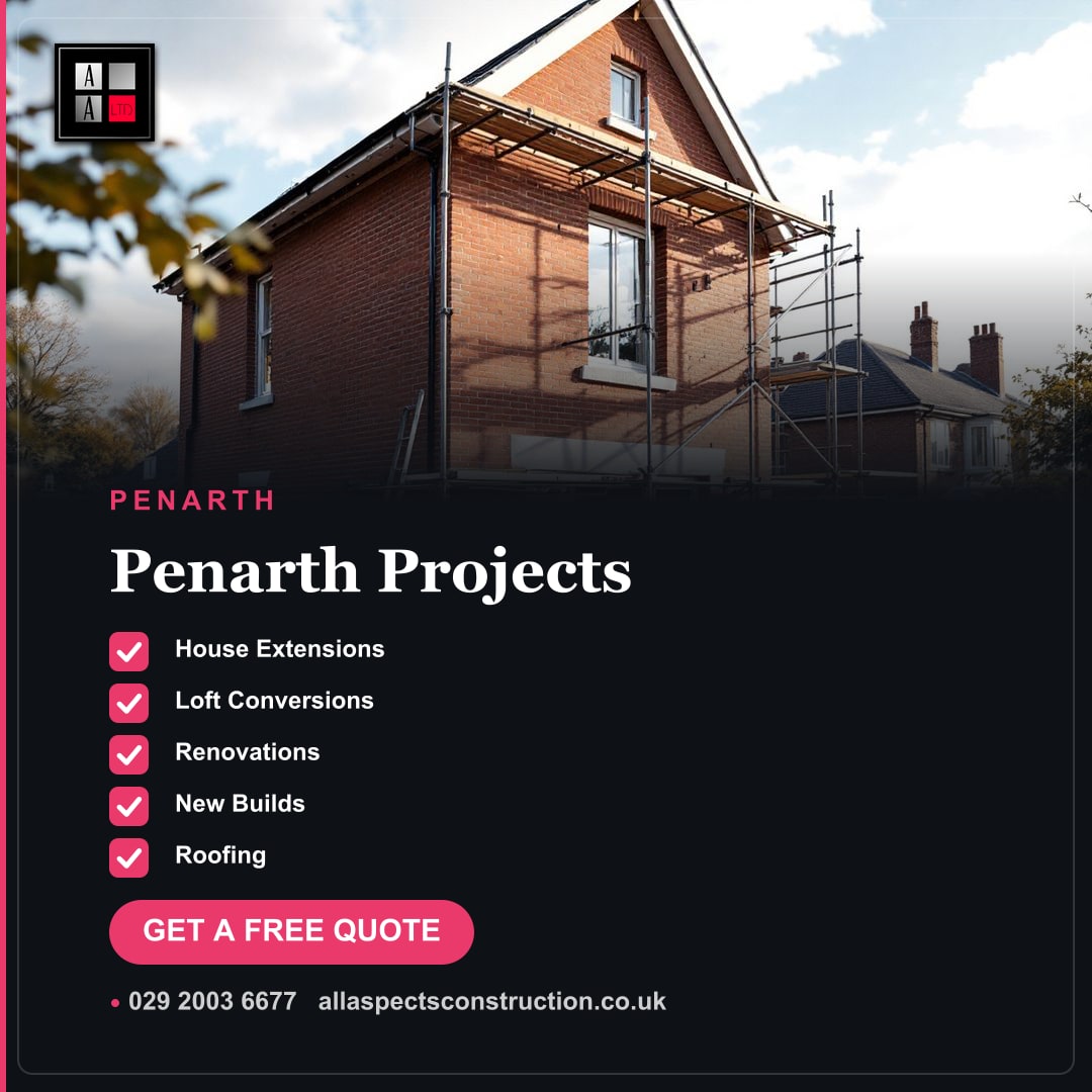 Marketing graphic for Penarth Projects showing a brick house with scaffolding, listing building, extension, and renovation services.