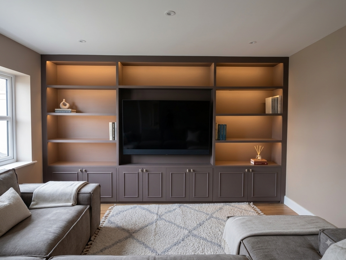 Custom-built dark grey fitted media unit with integrated lighting, open shelving, and base cupboards in a modern living room.