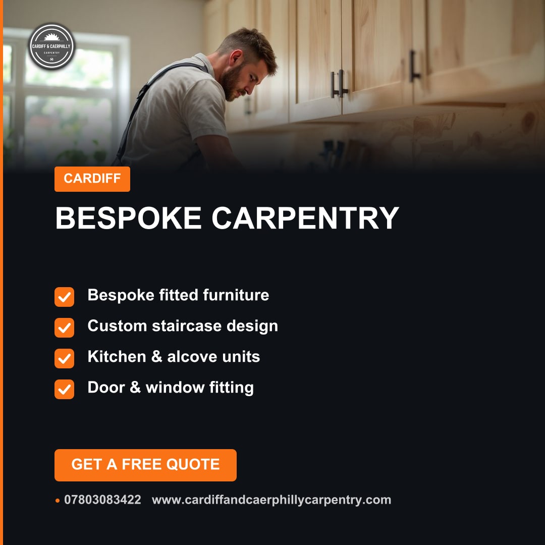 Man installing light wood kitchen cabinets with dark handles, part of a bespoke carpentry service advertisement.