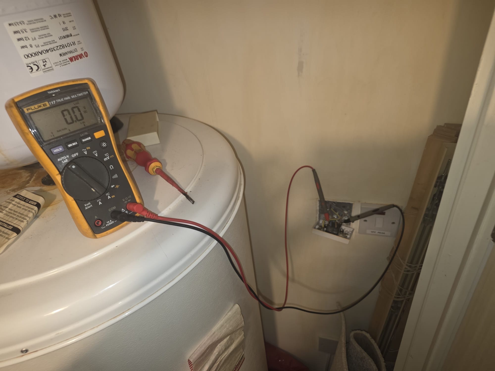 A Fluke multimeter shows 0.0, connected with probes to an open electrical socket on a wall next to a water cylinder.