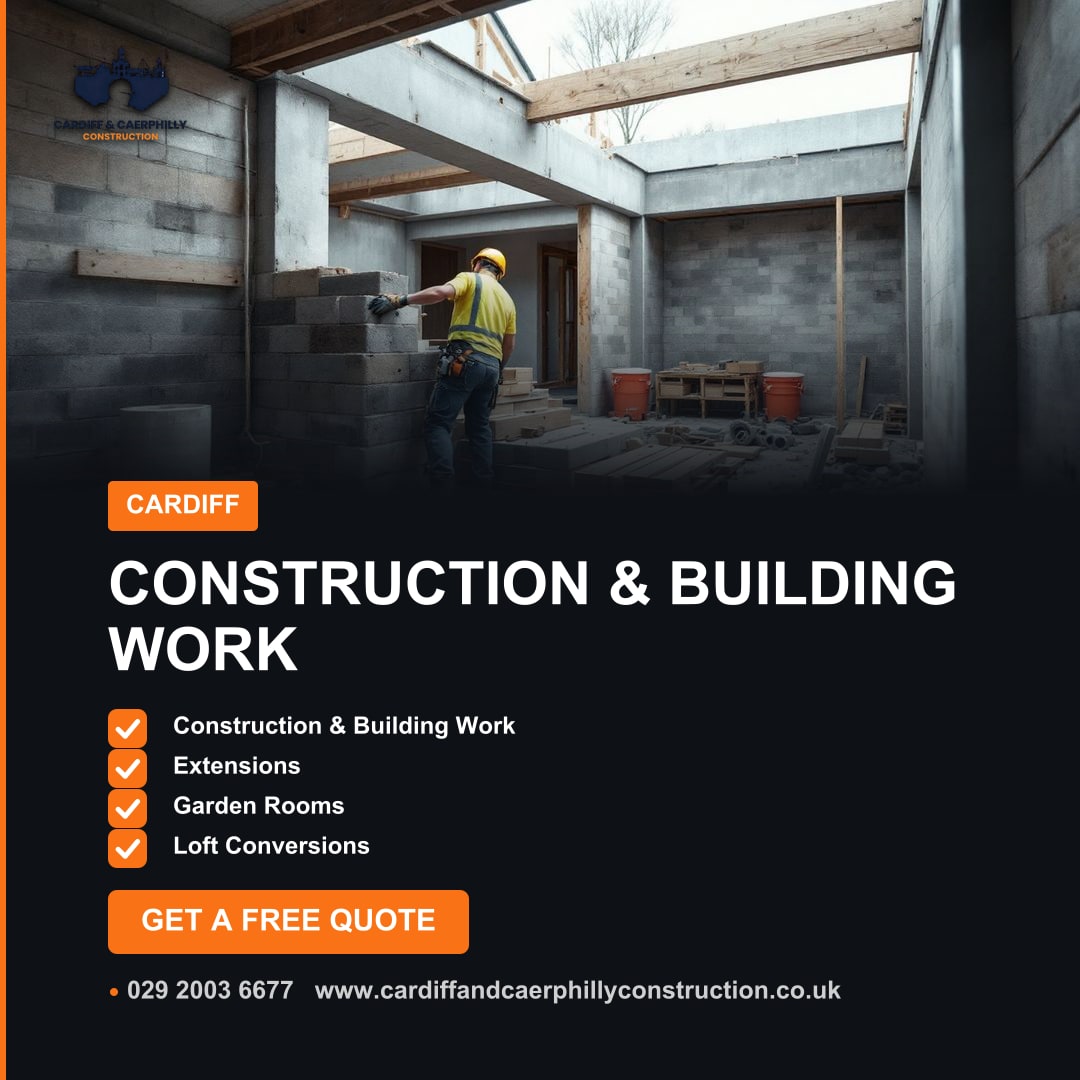 Construction worker in hard hat at an unfinished building site with concrete block walls and timber frame. Promotional graphic.