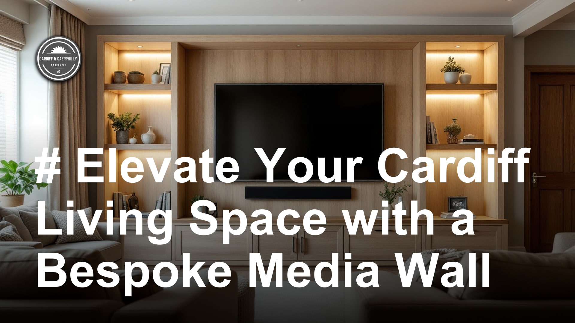 Bespoke wooden media wall with integrated shelves, lighting, TV, and soundbar in a modern living room.