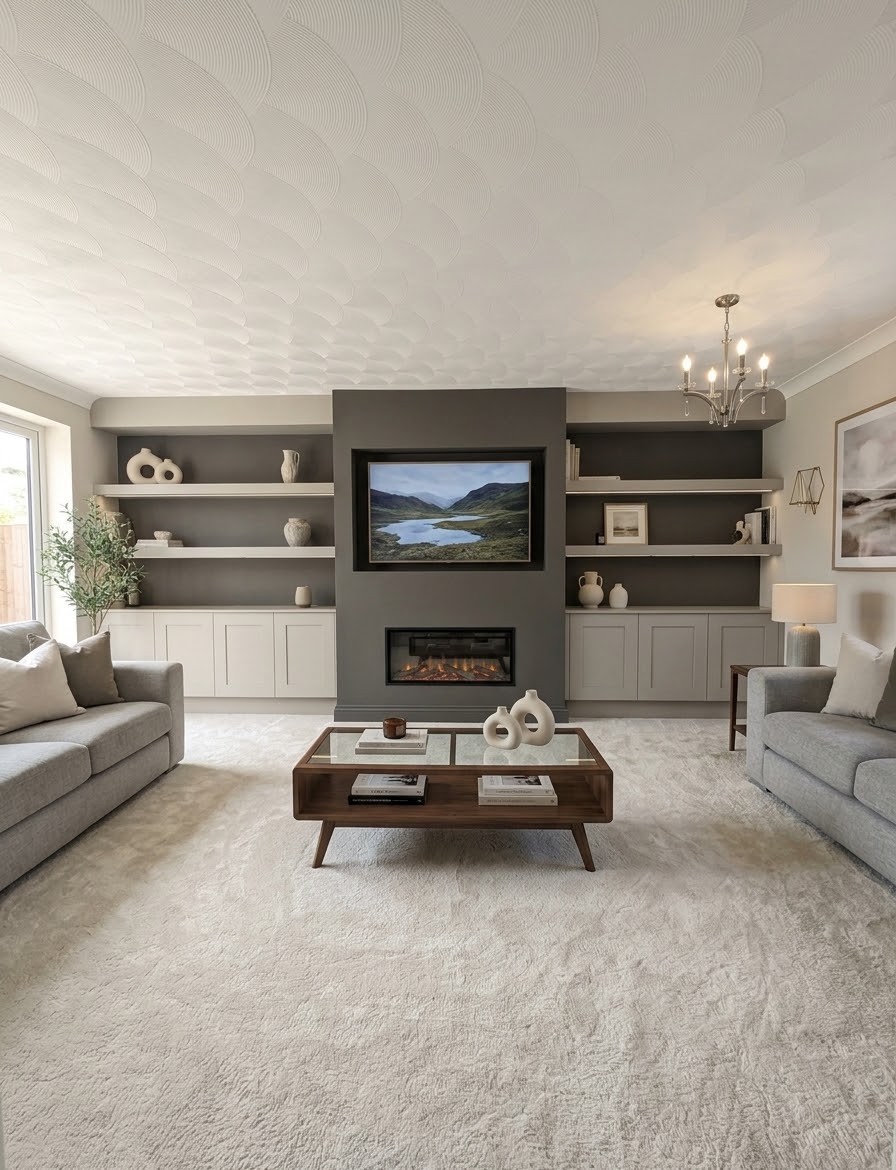 Modern living room with a custom dark grey media unit, built-in shelves, an electric fireplace, light grey sofas, and a textured ceiling.