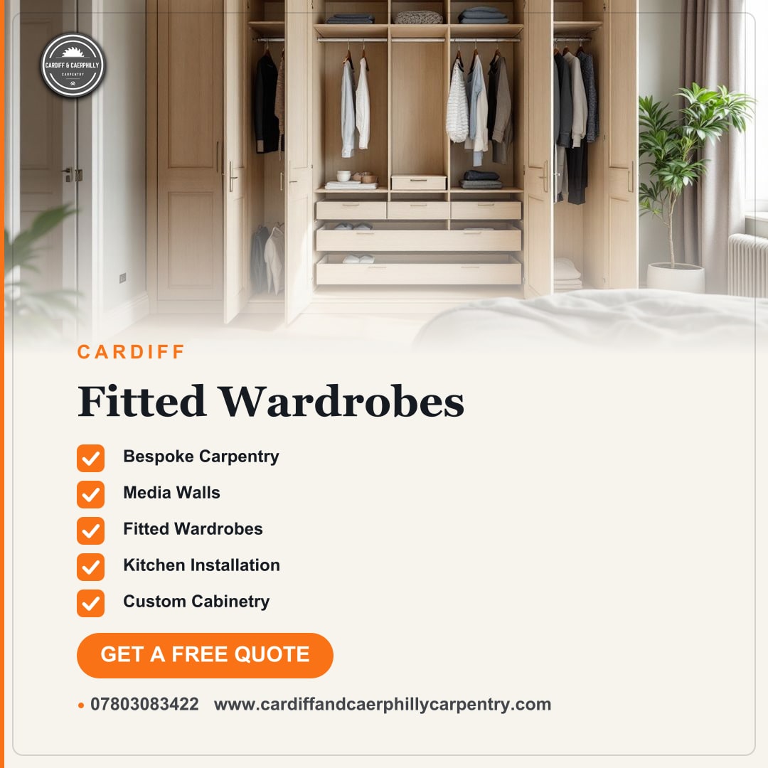 Light wood fitted wardrobe with open doors and drawers, showcasing clothes and internal storage, in a modern bedroom setting.