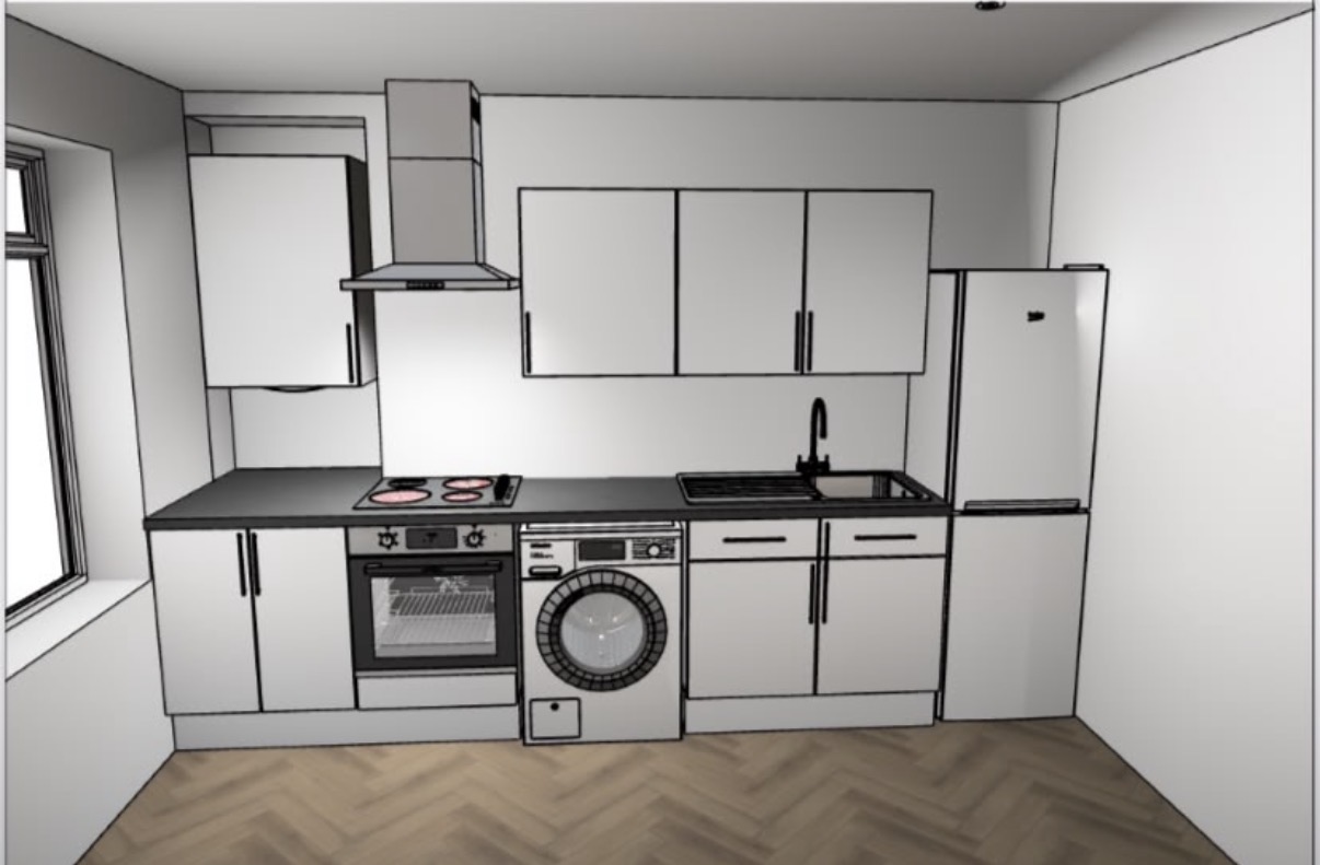 3D rendering of a modern fitted kitchen with white cabinets, dark worktops, built-in oven, hob, sink, and appliances.