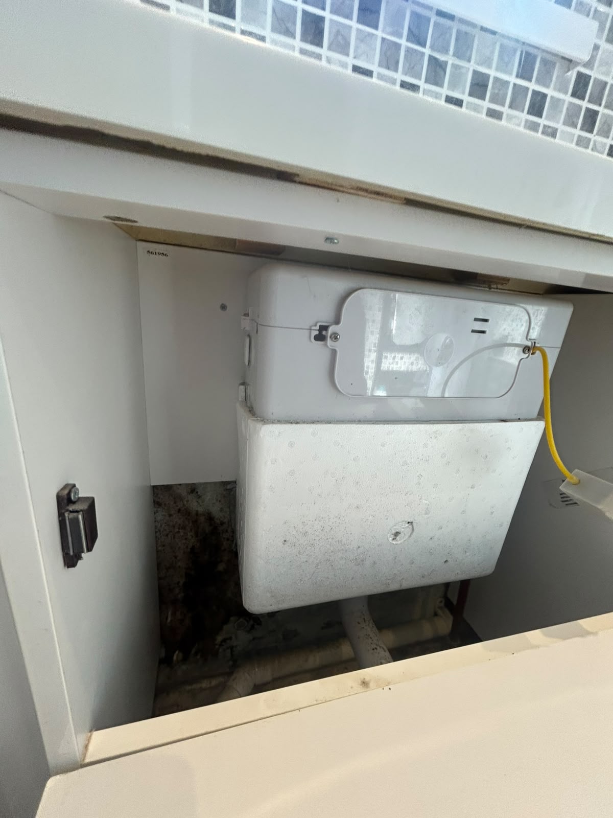 A concealed toilet cistern and plumbing pipes inside a white cabinet, showing signs of water damage and mould.
