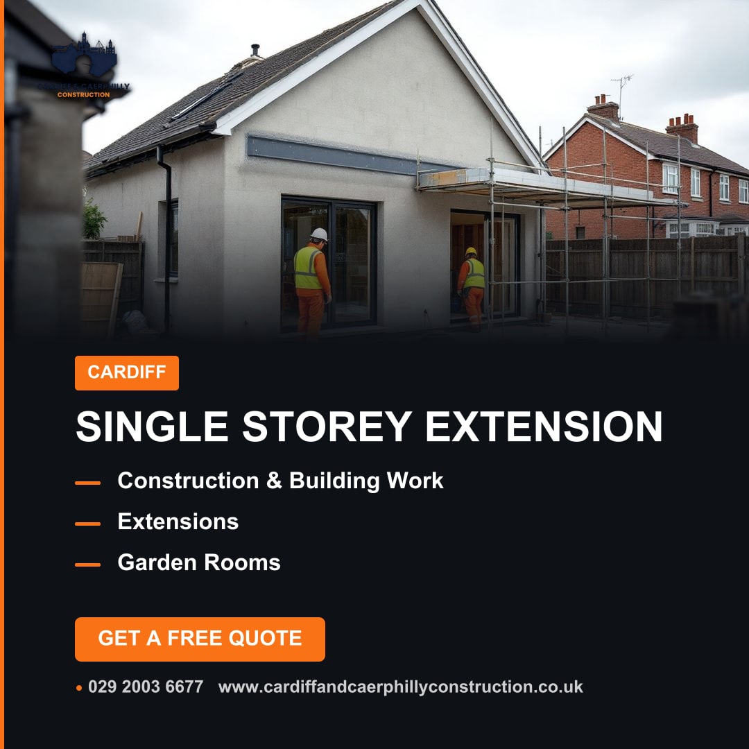 Two construction workers in high-visibility vests building a single-storey house extension with new bi-fold doors and scaffolding.