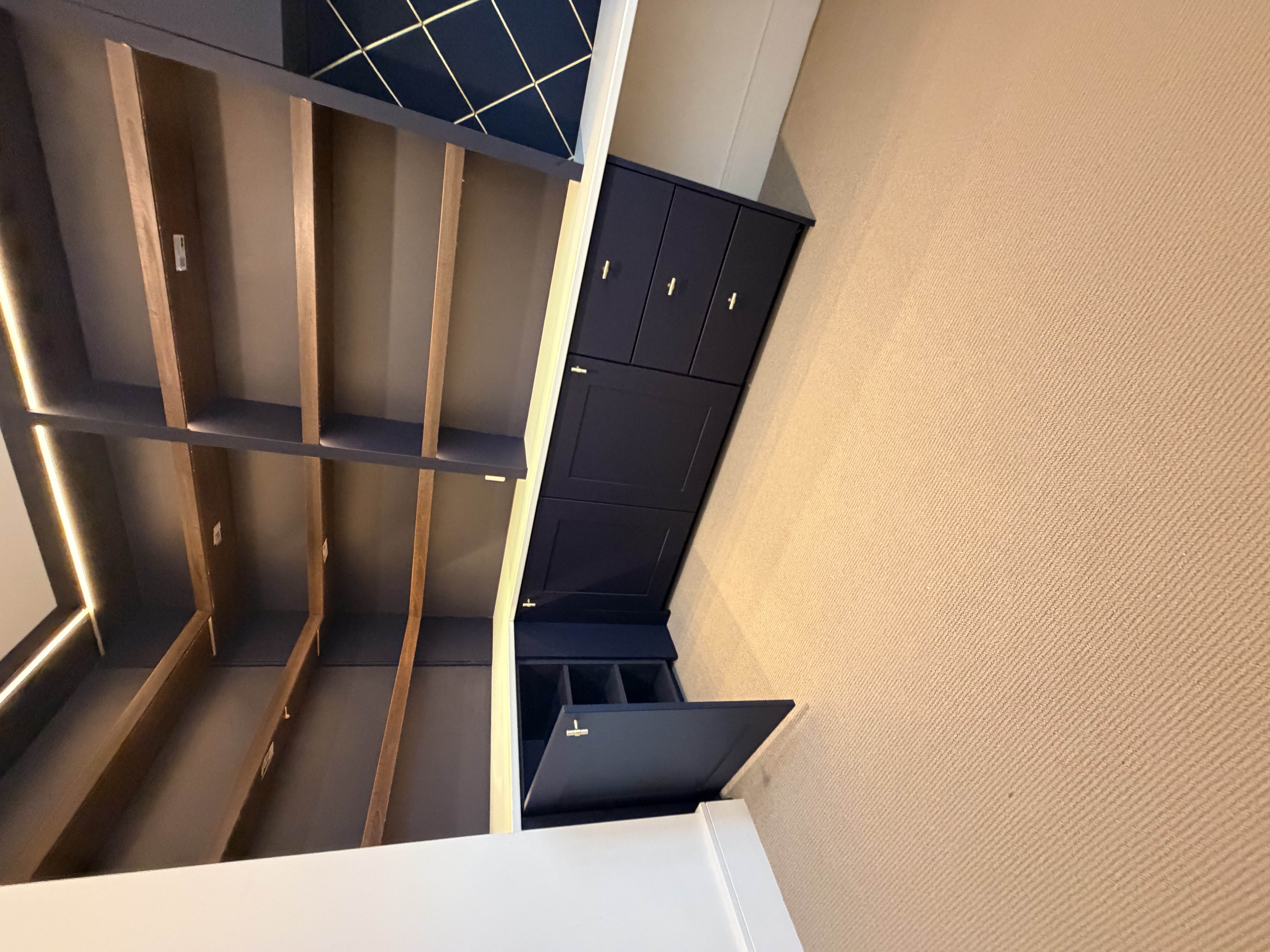 Bespoke study in this lovely blue with brass handles and pin board to suit.
