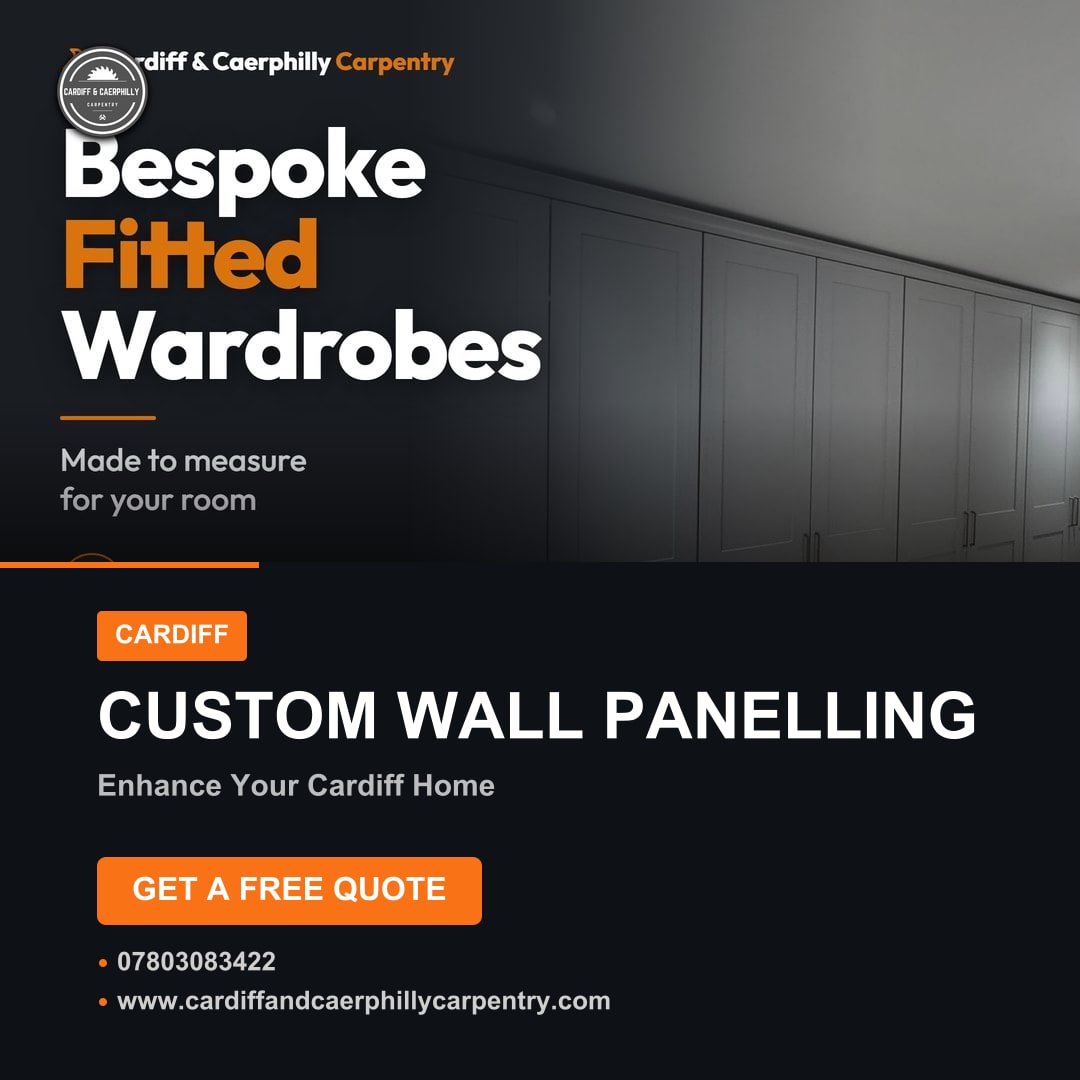 Dark grey bespoke fitted wardrobes extending across a room, with panel doors and long handles, advertising carpentry services.