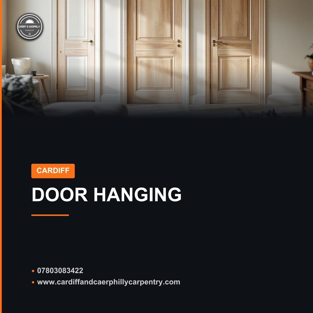 Three newly installed interior doors, two in natural wood finish and one painted white, shown above a graphic for door hanging services.